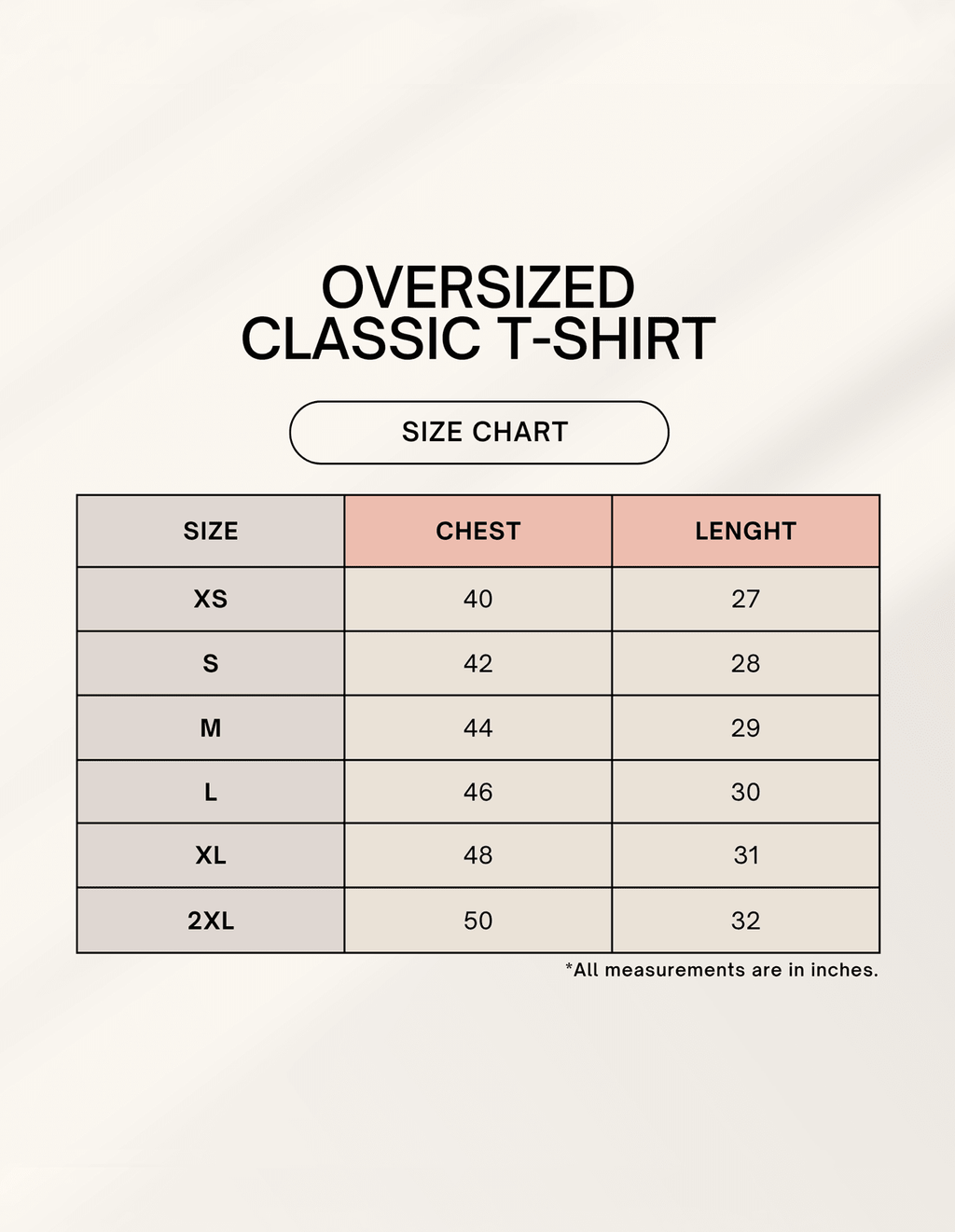 Size chart for oversized classic T-shirt with chest and length measurements in inches