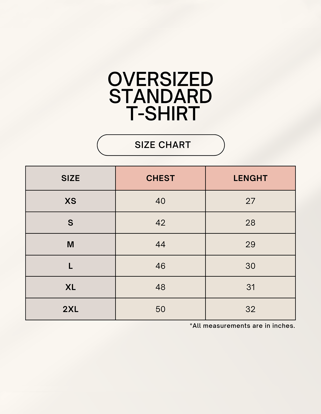 Size chart for Peace Oversized T-Shirt with chest and length measurements.