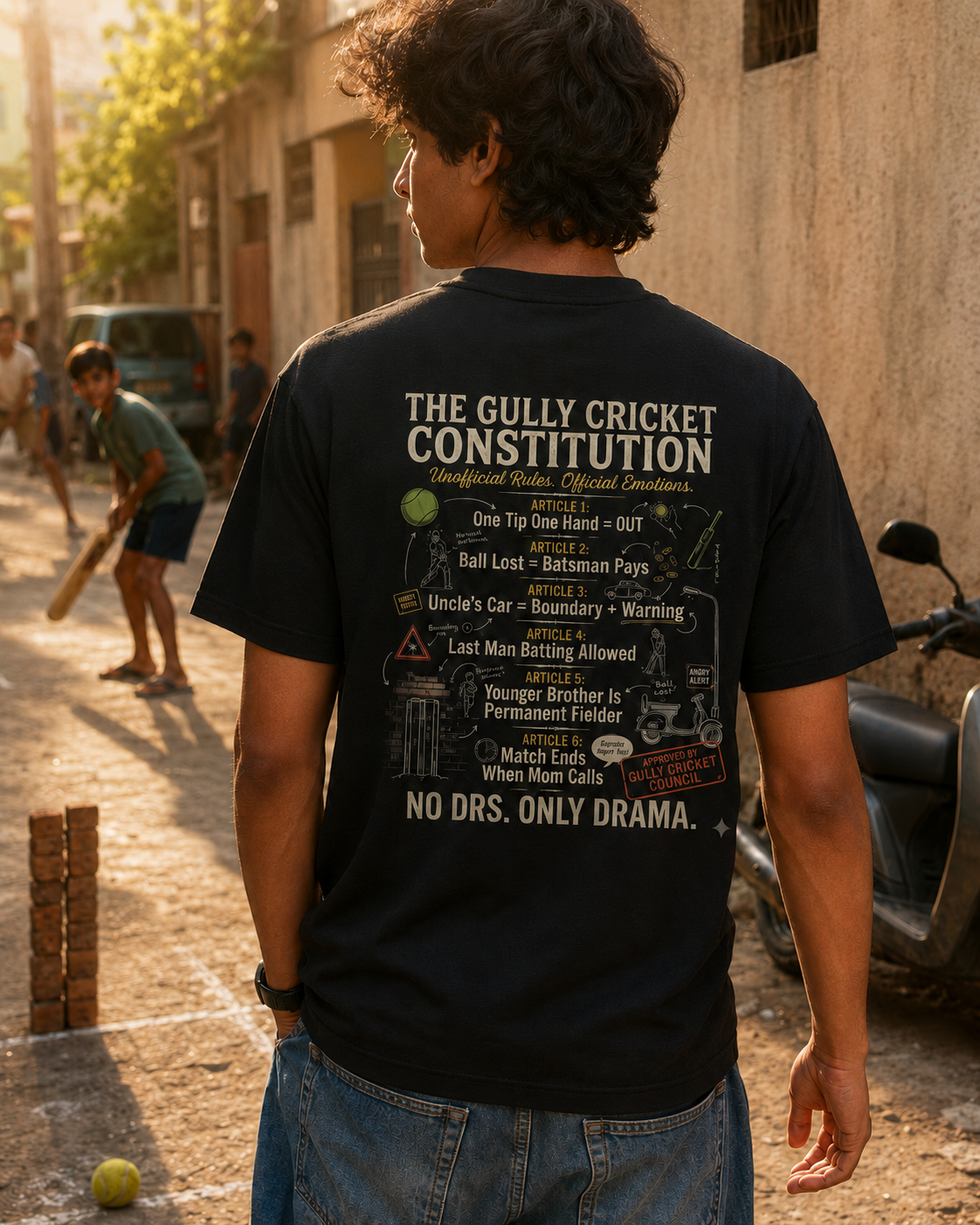 Young Indian man wearing black Gully Cricket Constitution T-Shirt with nostalgic back print in a street cricket lane.