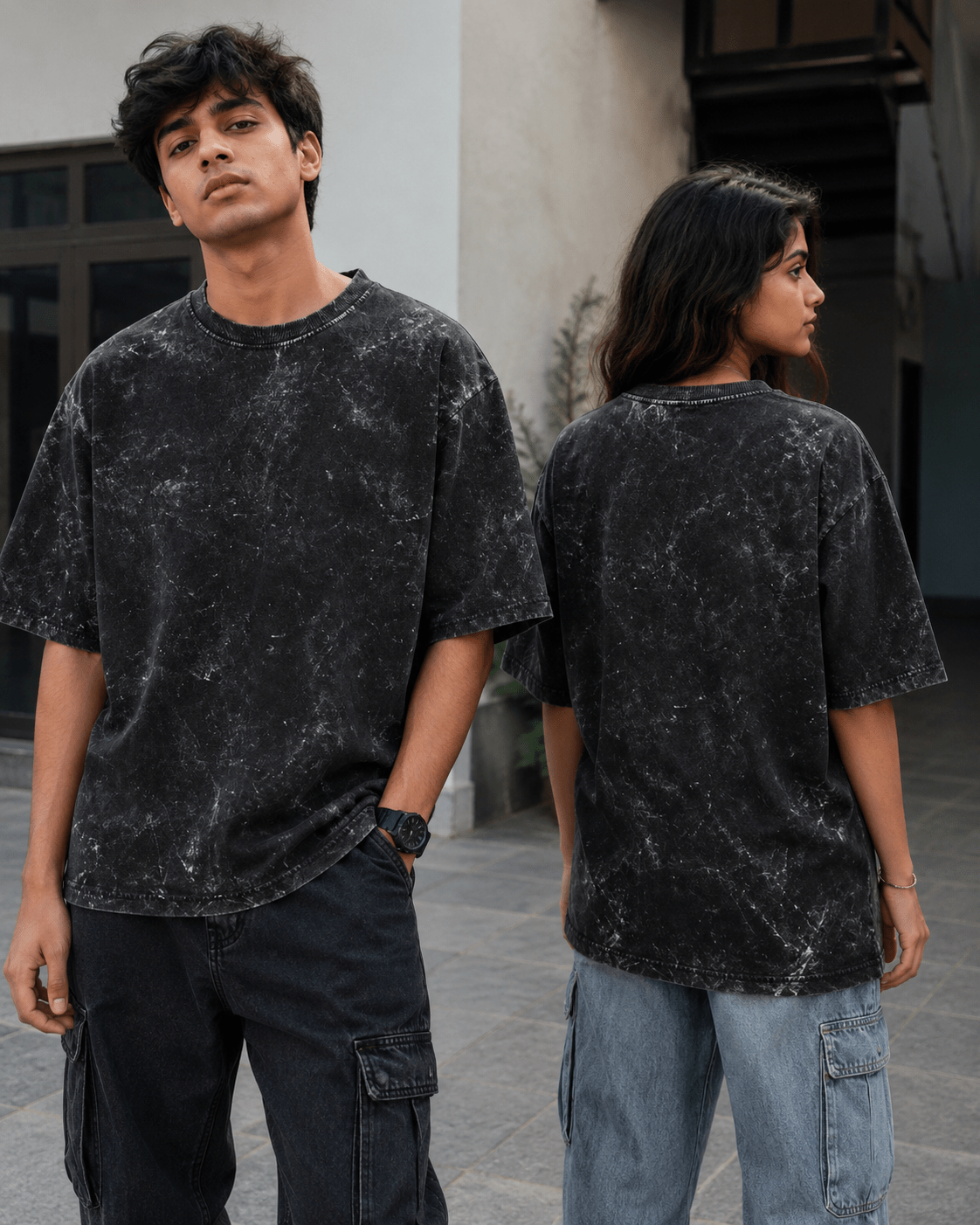Indian male and female models wearing Black Acid Washed Oversized Tee