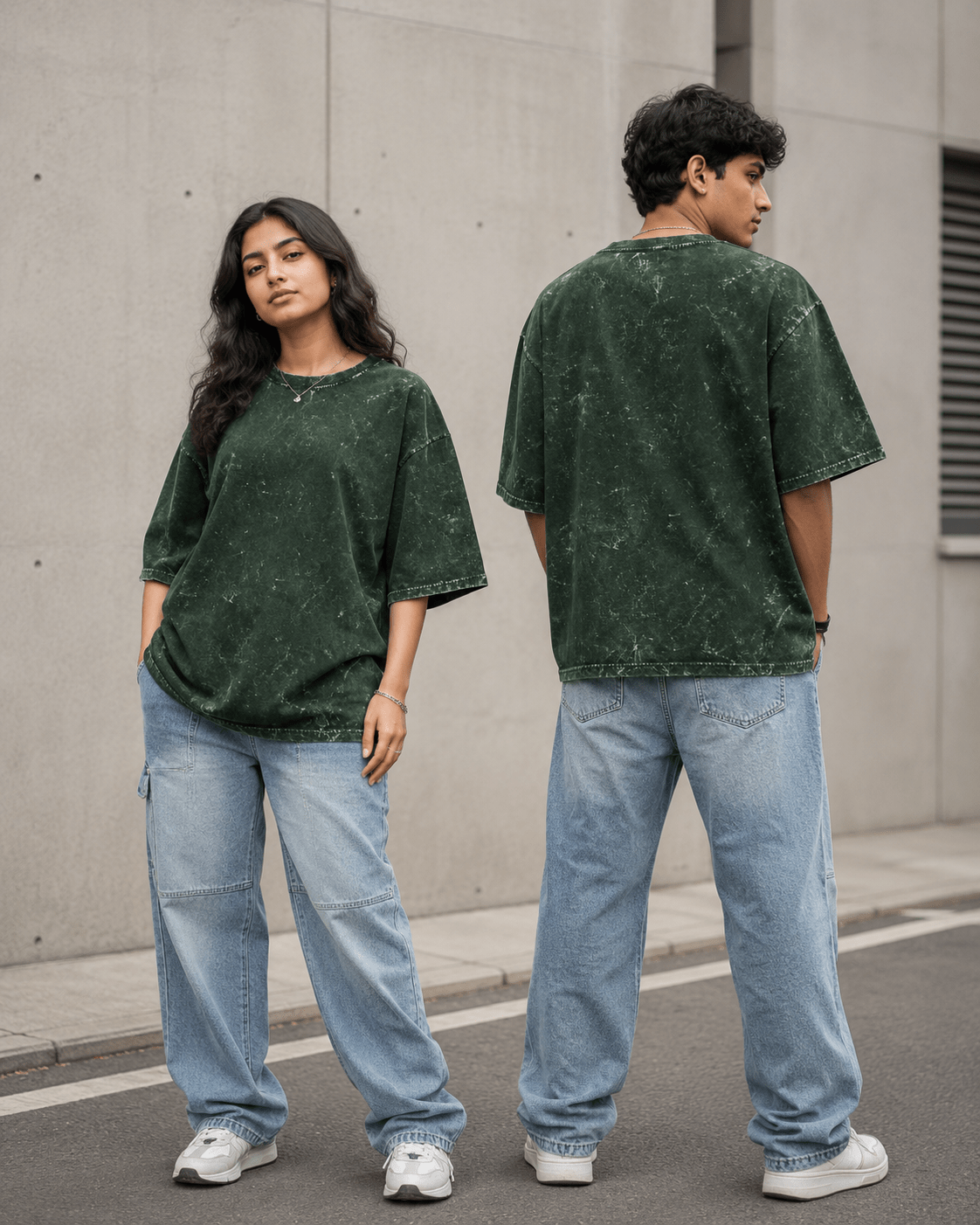 Models wearing Bottle Green Acid Washed Oversized Tee front and back