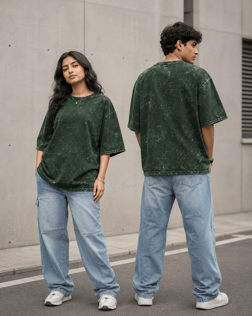 Models wearing Bottle Green Acid Washed Oversized Tee front and back