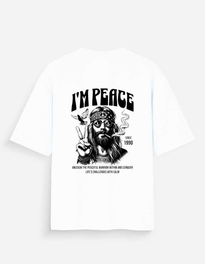 White oversized t-shirt with Peace graphic back print in black.
