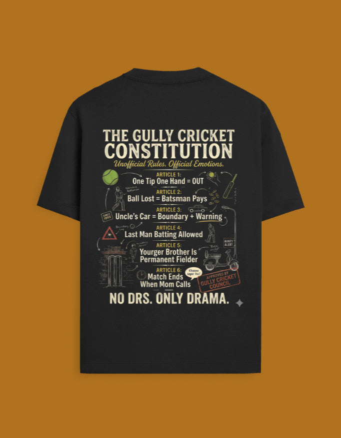 Black Gully Cricket Constitution T-Shirt showing back print with No DRS Only Drama cricket design.