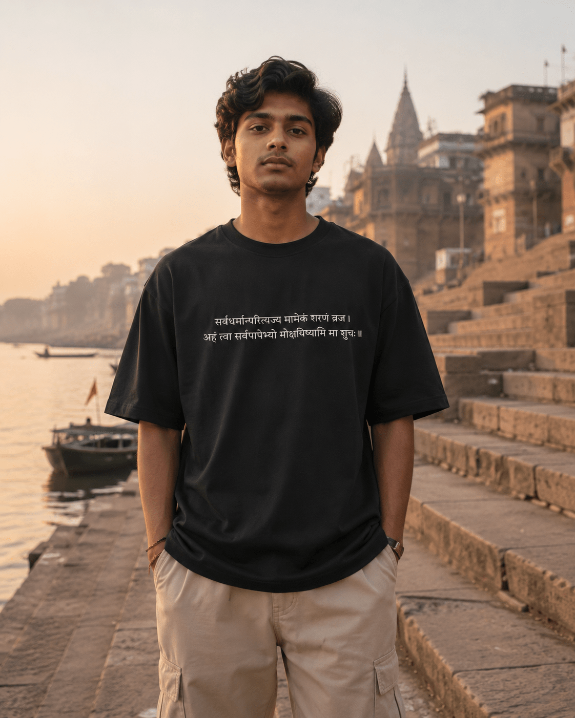 Indian male model wearing Ma Shuchah Oversized T-Shirt at Varanasi ghats