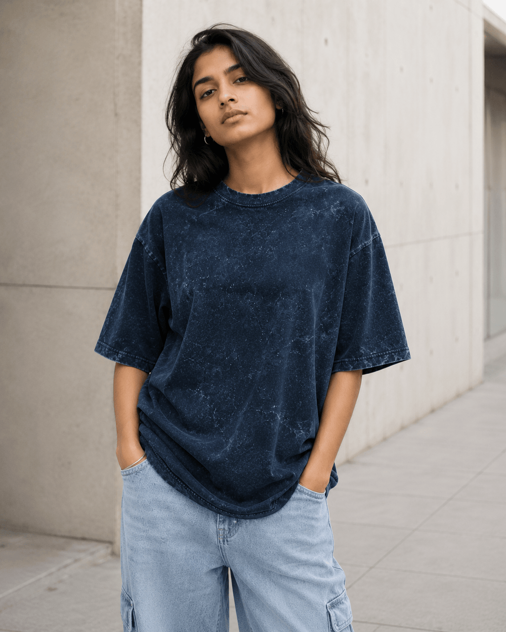 Female model wearing Navy Blue Acid Washed Oversized Tee