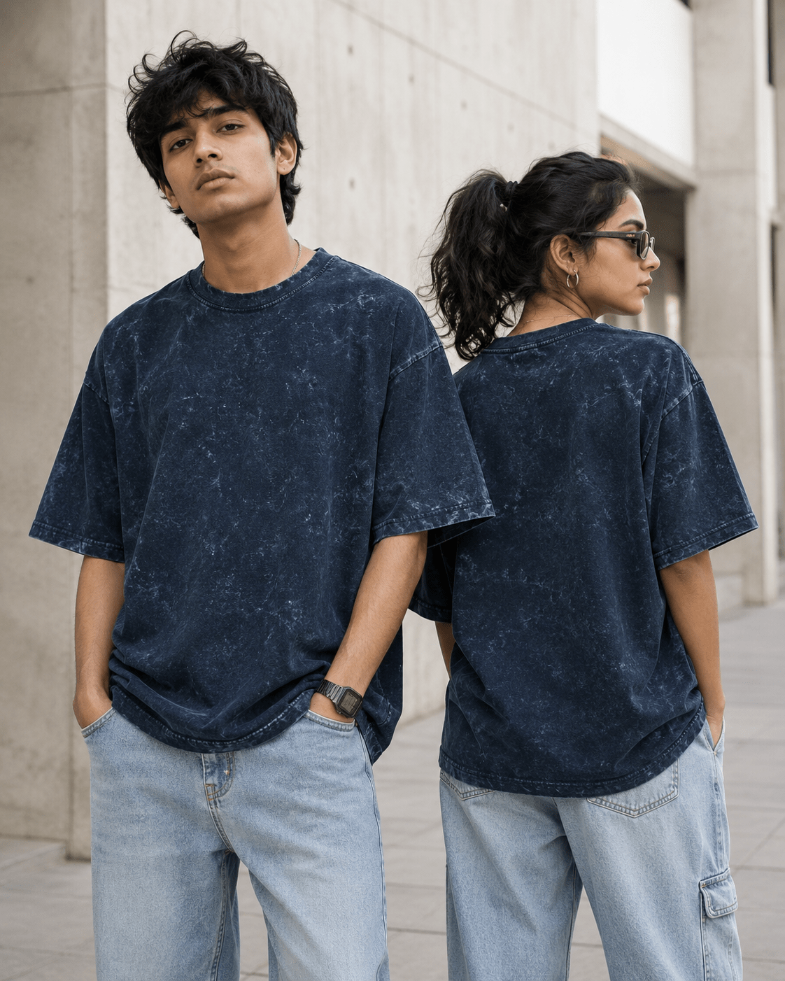 Models wearing Navy Blue Acid Washed Oversized Tee in front and back views