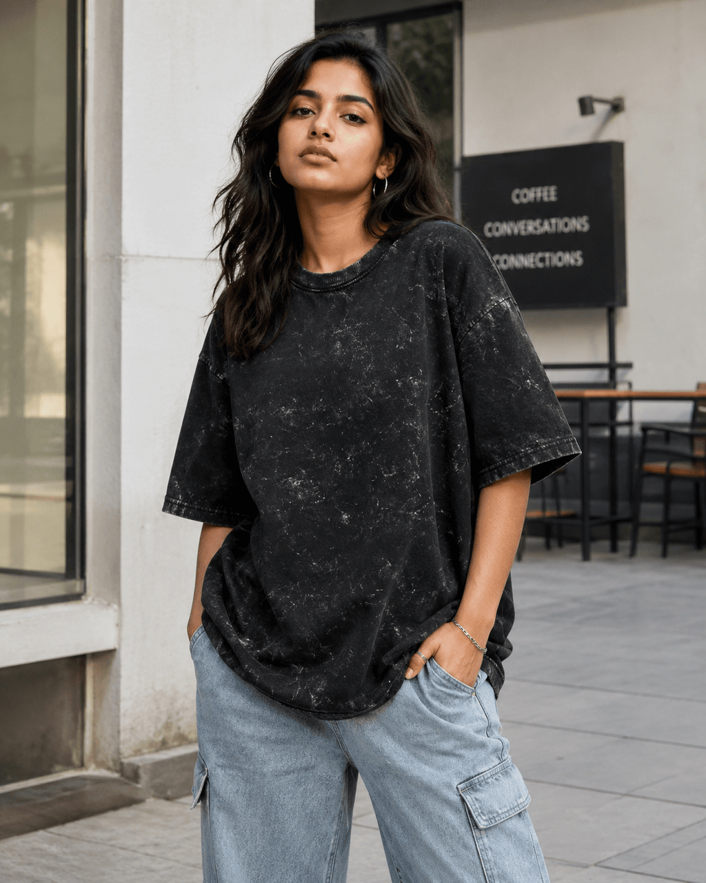 Indian female model wearing Black Acid Washed Oversized Tee