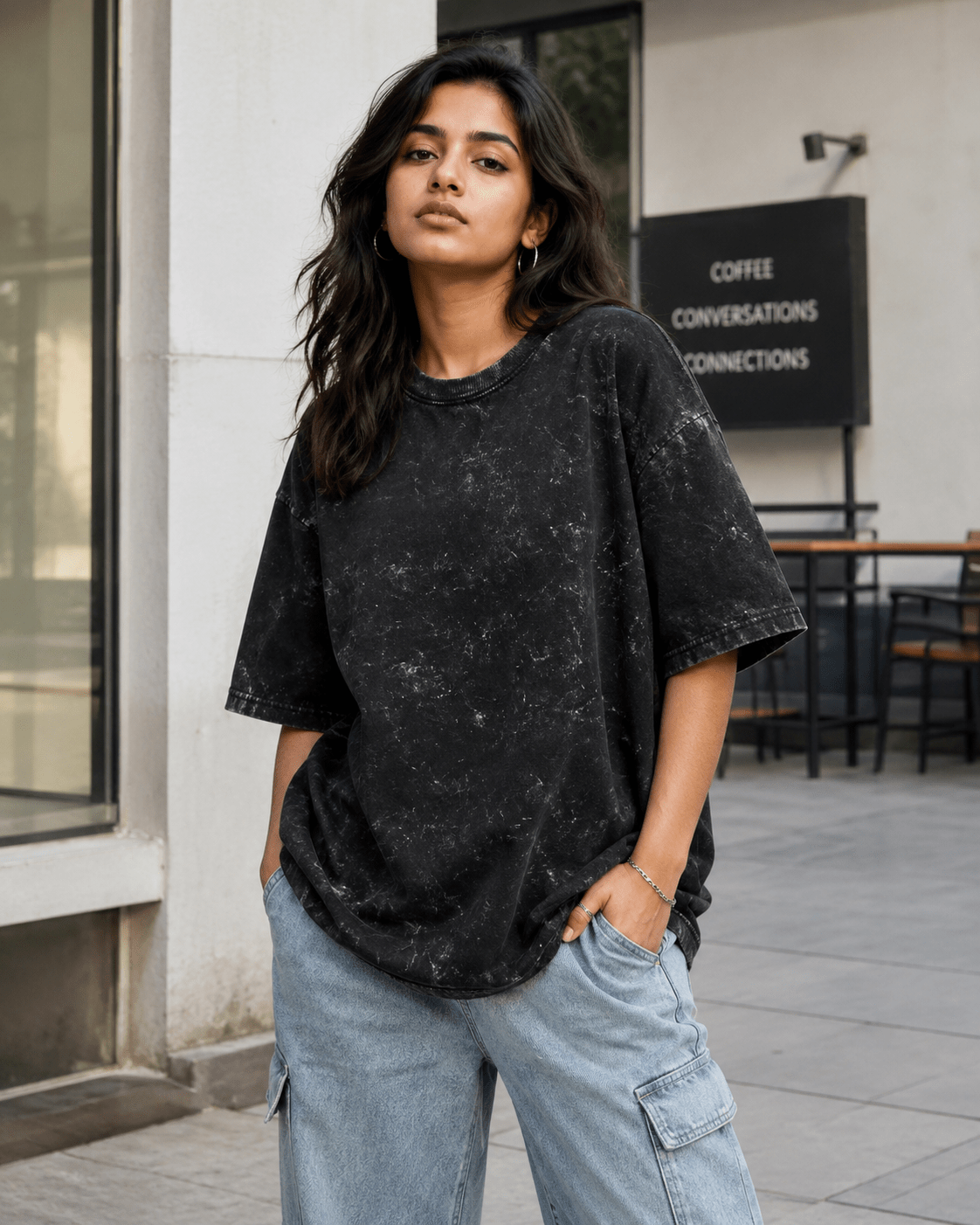 Indian female model wearing Black Acid Washed Oversized Tee