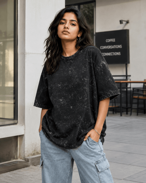 Indian female model wearing Black Acid Washed Oversized Tee