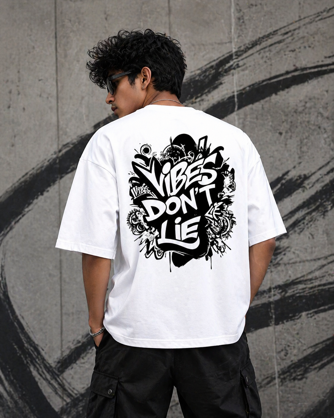 Young man wearing a white oversized Vibes Don’t Lie t-shirt with bold black graffiti-style back print.