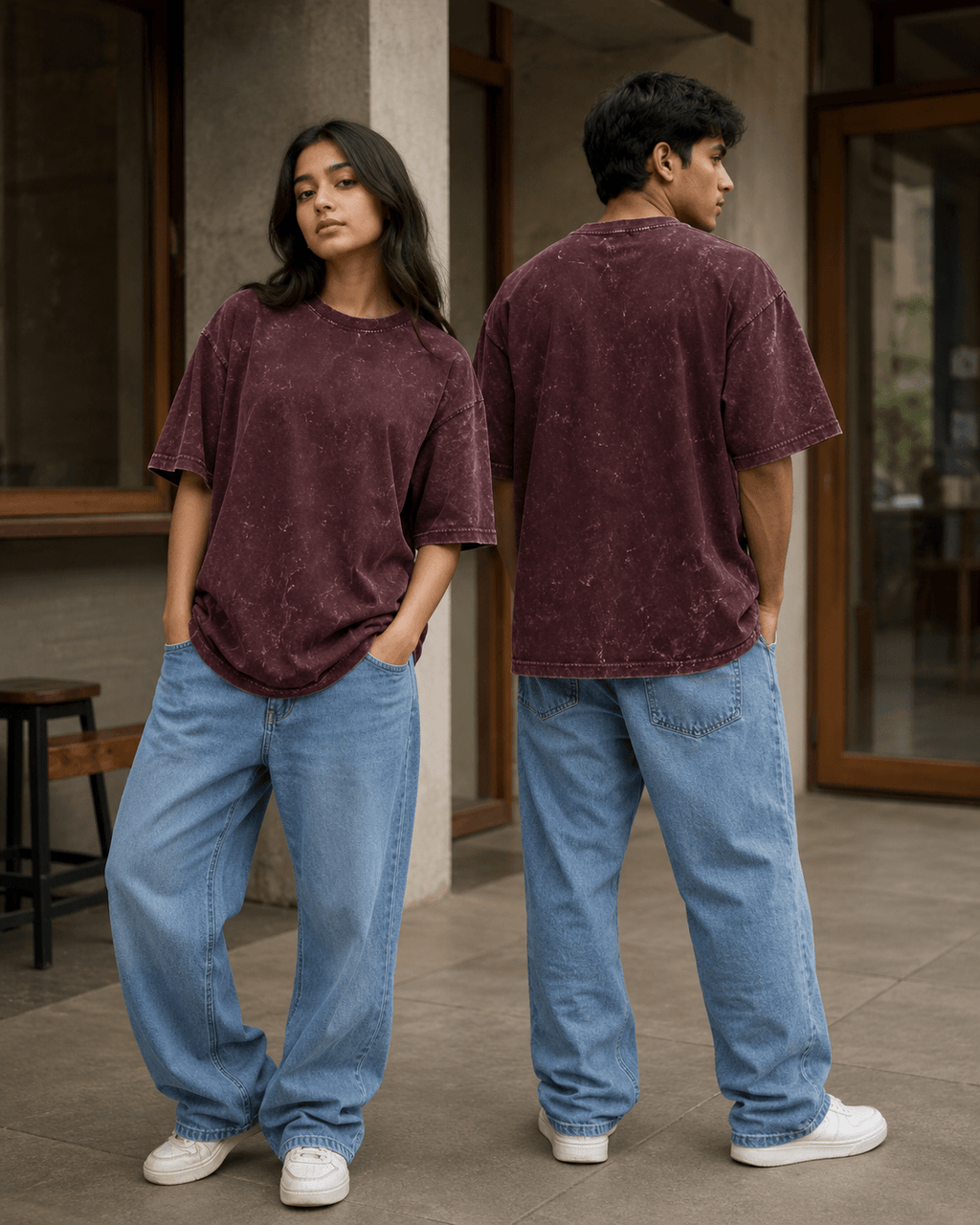 Male and female models wearing Maroon Acid Washed Oversized Tee