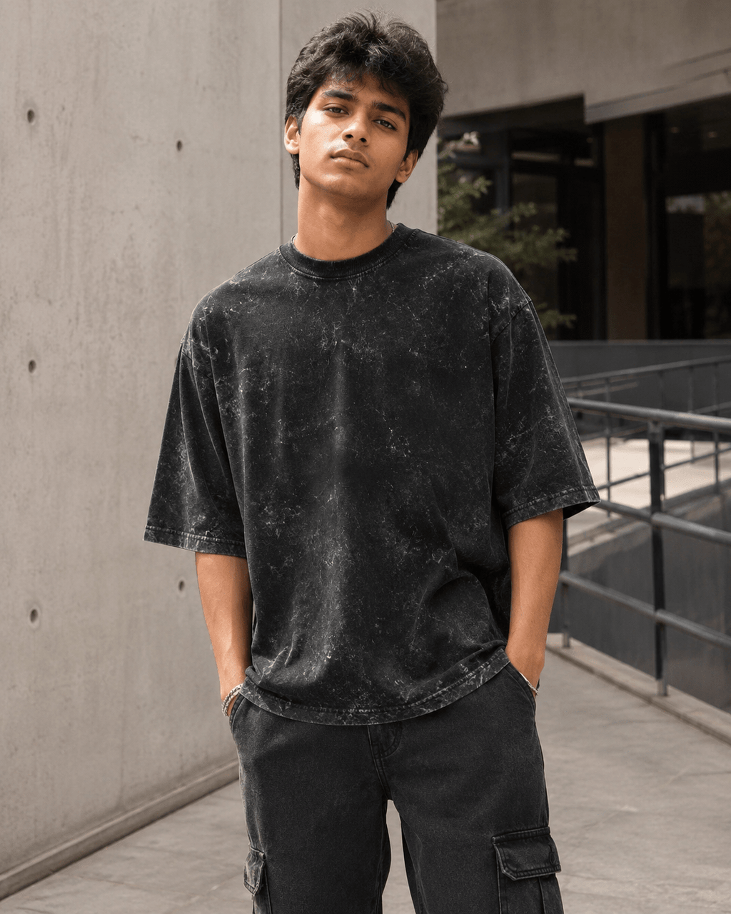 Indian male model wearing Black Acid Washed Oversized Tee