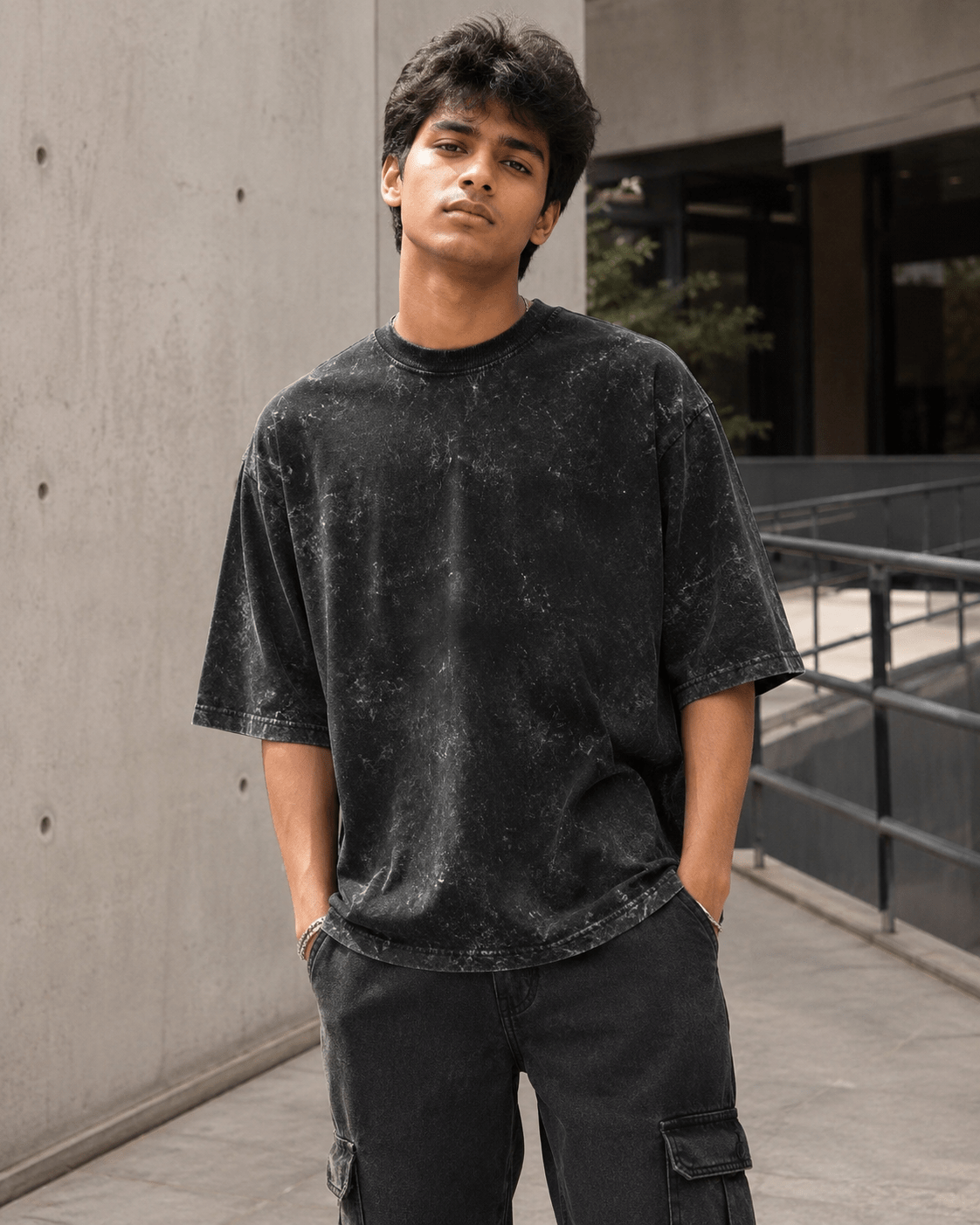 Indian male model wearing Black Acid Washed Oversized Tee